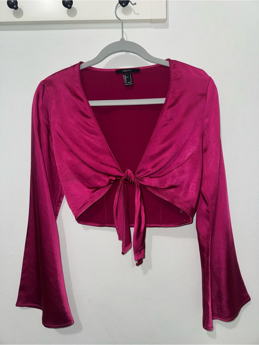 Forever 21 Magenta Tie-Front Satin Crop Top